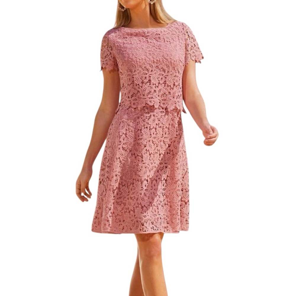 Boston Proper Pink Lace Overlay Dress Short Sleeve Sheath Size 2